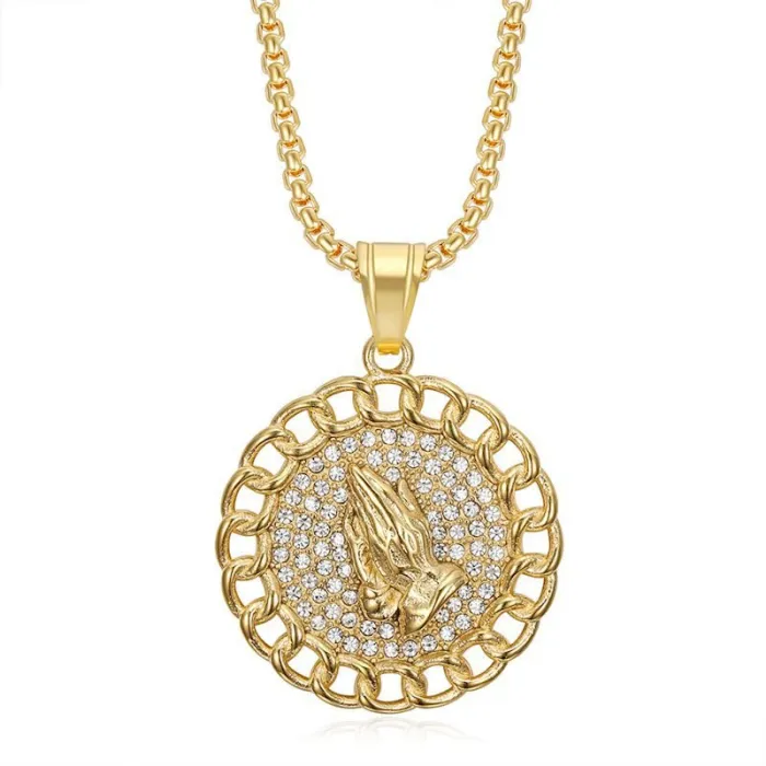 Wholesale Hip Hop Prayer Hands Pendant Necklace | Titanium Steel Gold Plated CZ Bulk Supplier & Factory Price
