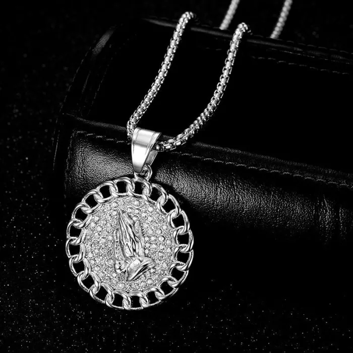 Wholesale Hip Hop Prayer Hands Pendant Necklace | Titanium Steel Gold Plated CZ Bulk Supplier & Factory Price