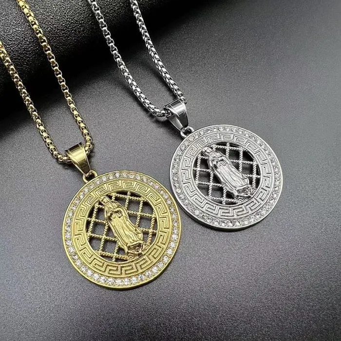 Wholesale Hip Hop Virgin Mary Prayer Hollow Pendant Necklace | Titanium Steel Gold Plated CZ Bulk Supplier & Factory Price