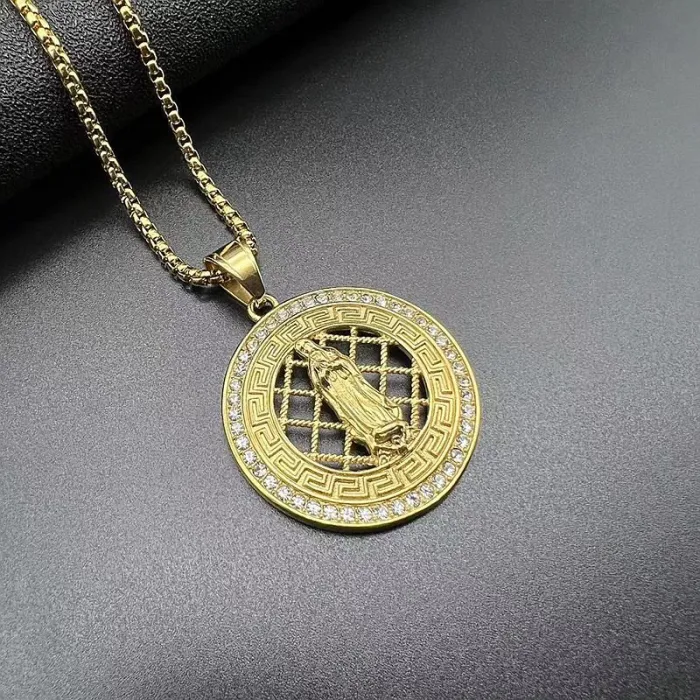 Wholesale Hip Hop Virgin Mary Prayer Hollow Pendant Necklace | Titanium Steel Gold Plated CZ Bulk Supplier & Factory Price