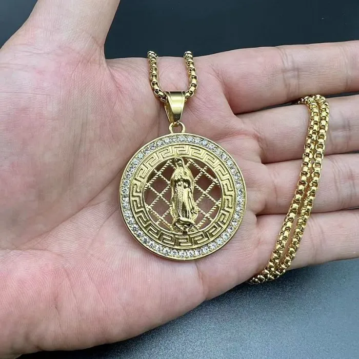 Wholesale Hip Hop Virgin Mary Prayer Hollow Pendant Necklace | Titanium Steel Gold Plated CZ Bulk Supplier & Factory Price