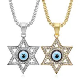 Wholesale Hip Hop Blue Eye Star of David Pendant Necklace | Titanium Steel Gold Plated CZ Bulk Supplier & Factory Price - Jewelryto