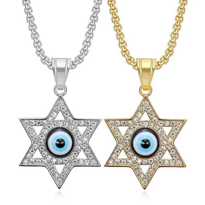 Wholesale Hip Hop Blue Eye Star of David Pendant Necklace | Titanium Steel Gold Plated CZ Bulk Supplier & Factory Price