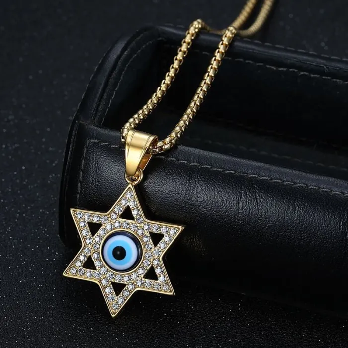 Wholesale Hip Hop Blue Eye Star of David Pendant Necklace | Titanium Steel Gold Plated CZ Bulk Supplier & Factory Price