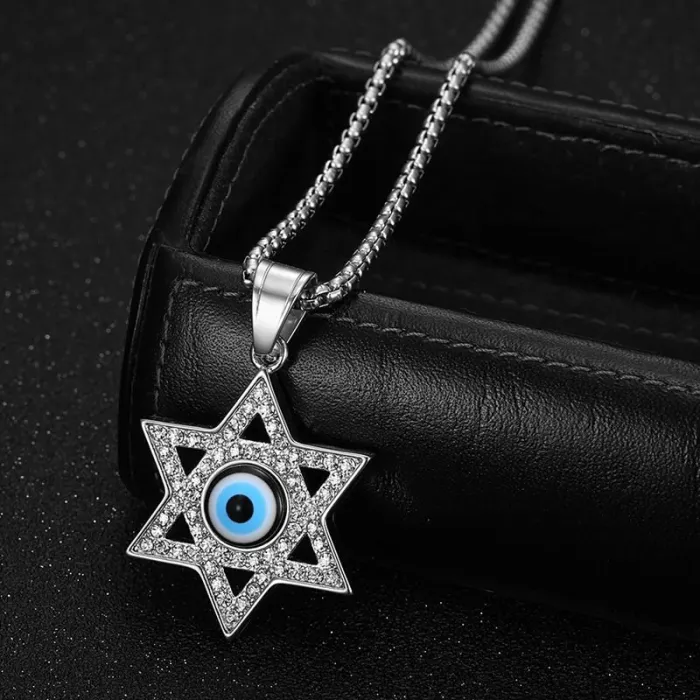 Wholesale Hip Hop Blue Eye Star of David Pendant Necklace | Titanium Steel Gold Plated CZ Bulk Supplier & Factory Price