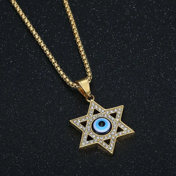Wholesale Hip Hop Blue Eye Star of David Pendant Necklace | Titanium Steel Gold Plated CZ Bulk Supplier & Factory Price