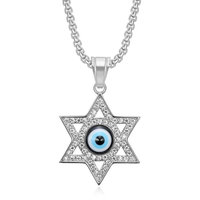 Wholesale Hip Hop Blue Eye Star of David Pendant Necklace | Titanium Steel Gold Plated CZ Bulk Supplier & Factory Price