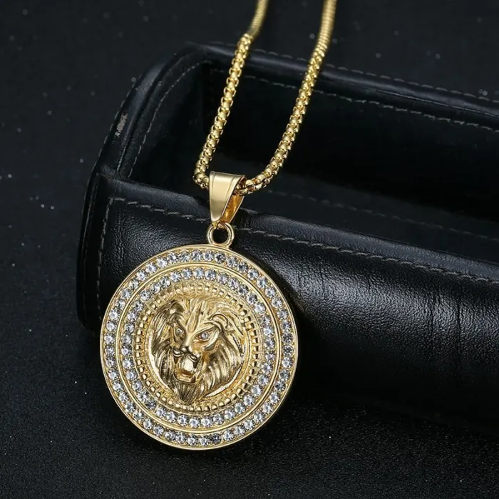 Wholesale Hip Hop Lion Head Pendant Necklace | Stainless Steel Gold Plated CZ Bulk Supplier & Factory Price