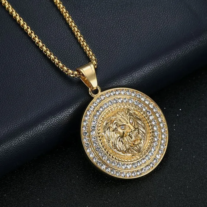 Wholesale Hip Hop Lion Head Pendant Necklace | Stainless Steel Gold Plated CZ Bulk Supplier & Factory Price