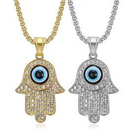 Wholesale Hip Hop Hamsa Hand Blue Eye Pendant Necklace | Titanium Steel Gold Plated CZ Bulk Supplier & Factory Price - Jewelryto