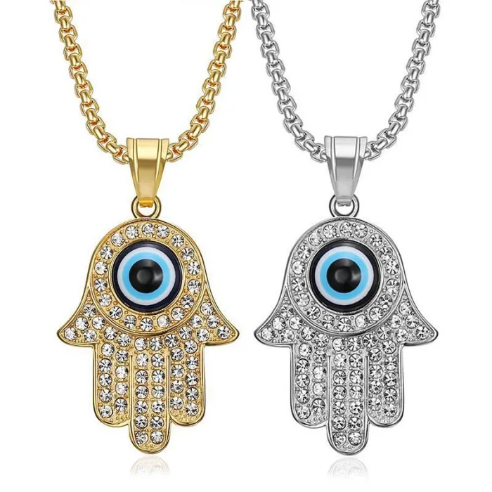 Wholesale Hip Hop Hamsa Hand Blue Eye Pendant Necklace | Titanium Steel Gold Plated CZ Bulk Supplier & Factory Price