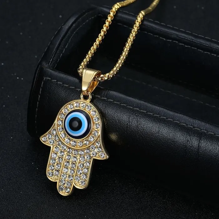 Wholesale Hip Hop Hamsa Hand Blue Eye Pendant Necklace | Titanium Steel Gold Plated CZ Bulk Supplier & Factory Price