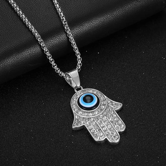 Wholesale Hip Hop Hamsa Hand Blue Eye Pendant Necklace | Titanium Steel Gold Plated CZ Bulk Supplier & Factory Price