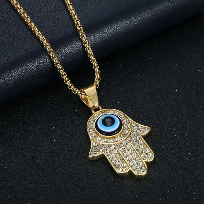 Wholesale Hip Hop Hamsa Hand Blue Eye Pendant Necklace | Titanium Steel Gold Plated CZ Bulk Supplier & Factory Price