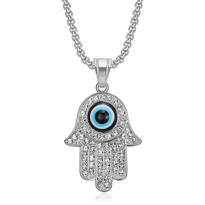 Wholesale Hip Hop Hamsa Hand Blue Eye Pendant Necklace | Titanium Steel Gold Plated CZ Bulk Supplier & Factory Price