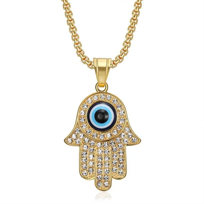 Wholesale Hip Hop Hamsa Hand Blue Eye Pendant Necklace | Titanium Steel Gold Plated CZ Bulk Supplier & Factory Price