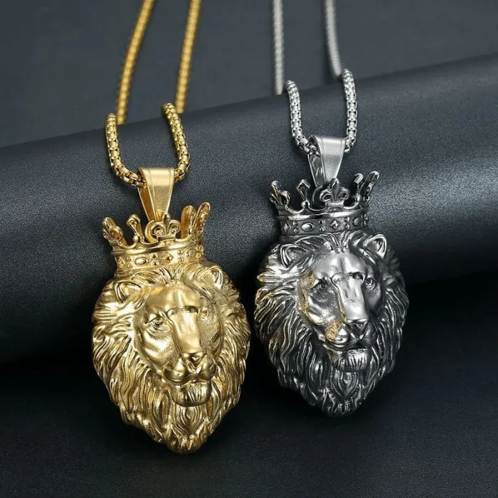 Wholesale Hip Hop Crown Lion Head Pendant Necklace | Titanium Steel Gold Plated Bulk Supplier & Factory Price