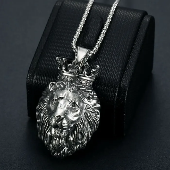 Wholesale Hip Hop Crown Lion Head Pendant Necklace | Titanium Steel Gold Plated Bulk Supplier & Factory Price