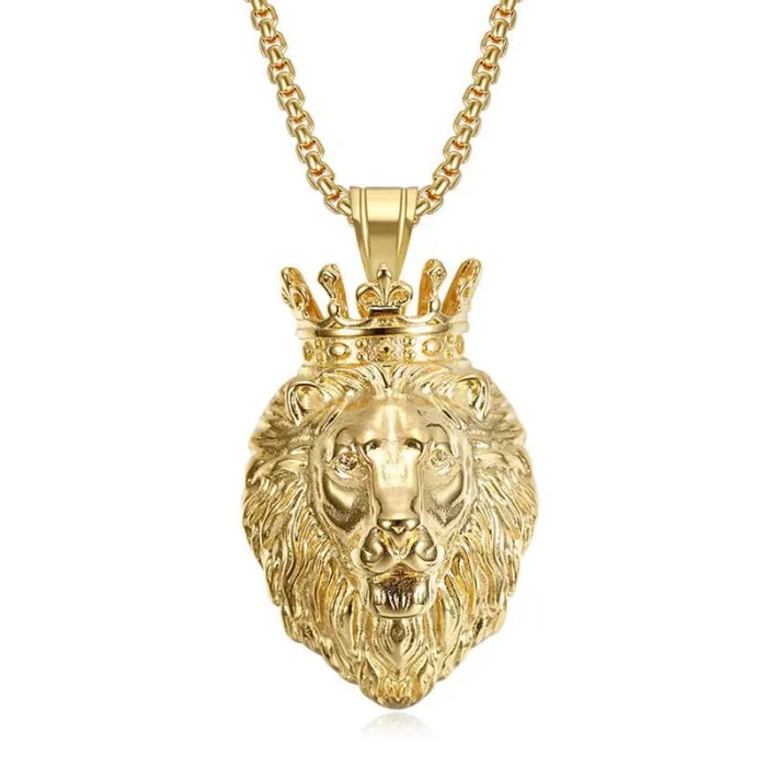 Wholesale Hip Hop Crown Lion Head Pendant Necklace | Titanium Steel Gold Plated Bulk Supplier & Factory Price