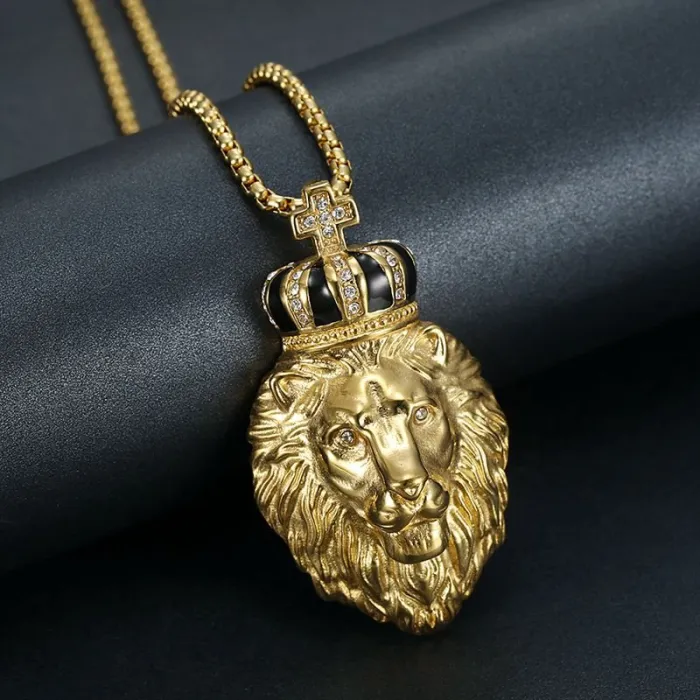 Wholesale Hip Hop Crown Lion Head Pendant Necklace | Titanium Steel Gold Plated CZ British Style Bulk Supplier & Factory Price