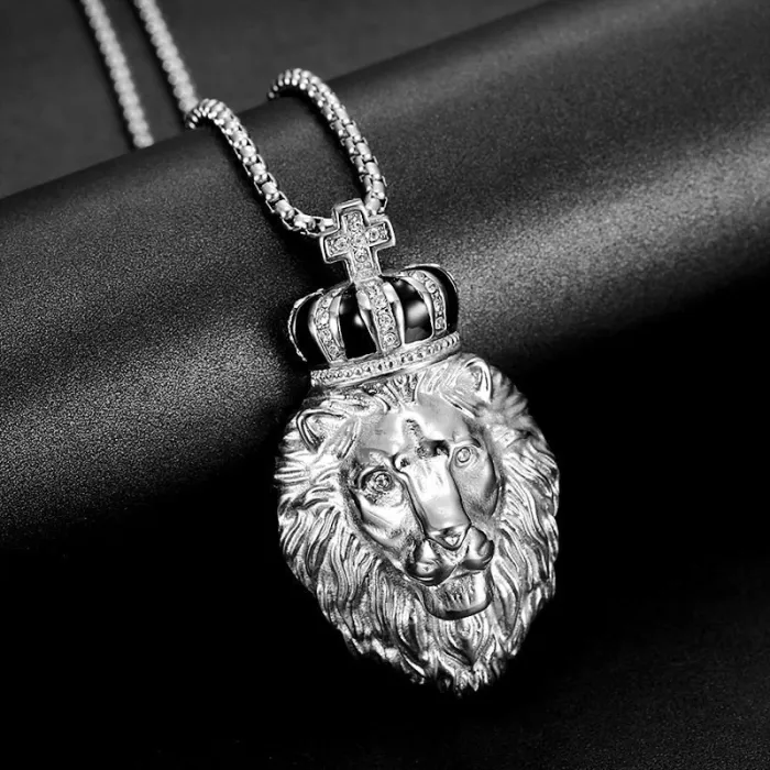 Wholesale Hip Hop Crown Lion Head Pendant Necklace | Titanium Steel Gold Plated CZ British Style Bulk Supplier & Factory Price