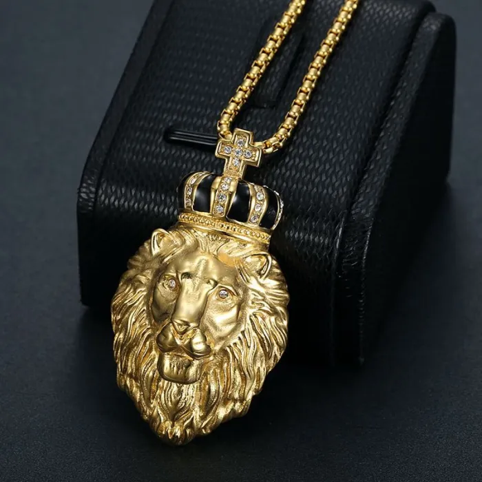 Wholesale Hip Hop Crown Lion Head Pendant Necklace | Titanium Steel Gold Plated CZ British Style Bulk Supplier & Factory Price