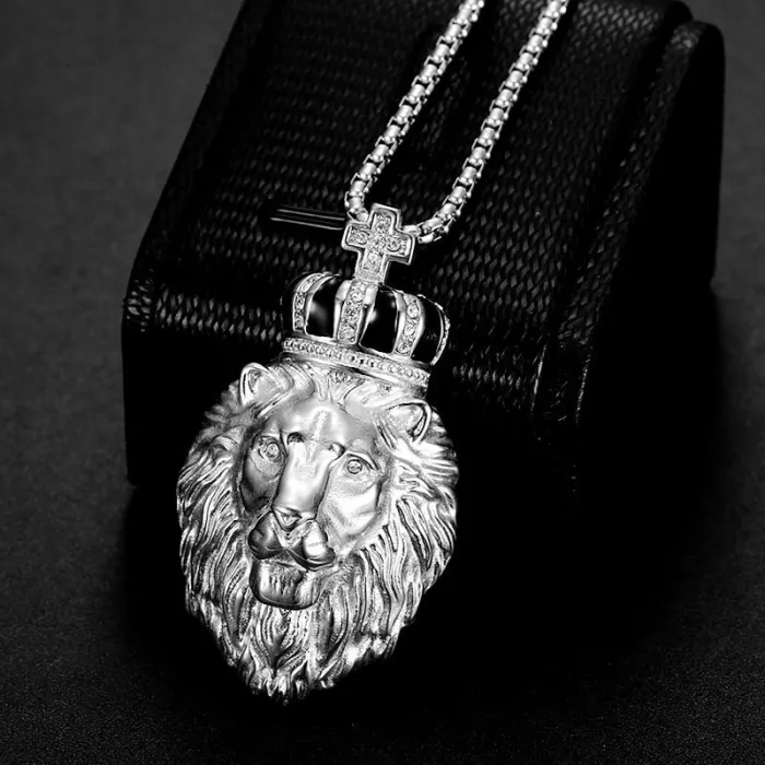 Wholesale Hip Hop Crown Lion Head Pendant Necklace | Titanium Steel Gold Plated CZ British Style Bulk Supplier & Factory Price