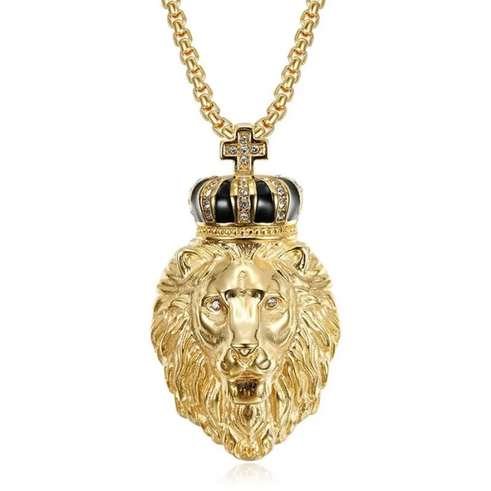 Wholesale Hip Hop Crown Lion Head Pendant Necklace | Titanium Steel Gold Plated CZ British Style Bulk Supplier & Factory Price