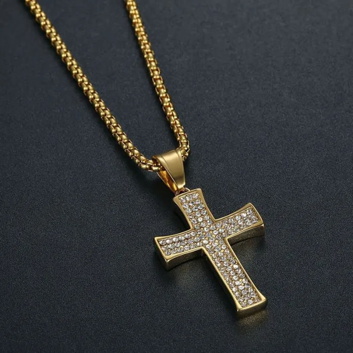 Wholesale Hip Hop Cross Pendant Necklace | Titanium Steel Gold Plated CZ Bulk Supplier & Factory Price