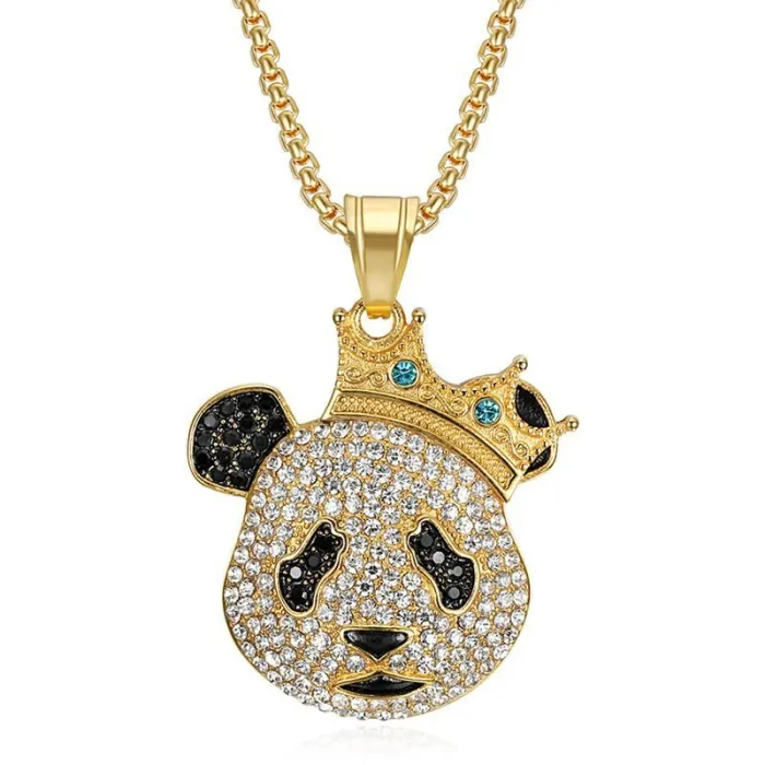 Wholesale Hip Hop Crown Panda Pendant Necklace | Titanium Steel Gold Plated CZ Cartoon Bulk Supplier & Factory Price