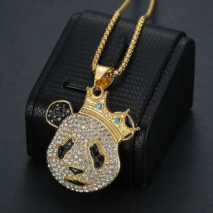 Wholesale Hip Hop Crown Panda Pendant Necklace | Titanium Steel Gold Plated CZ Cartoon Bulk Supplier & Factory Price