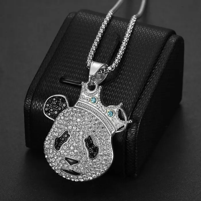 Wholesale Hip Hop Crown Panda Pendant Necklace | Titanium Steel Gold Plated CZ Cartoon Bulk Supplier & Factory Price