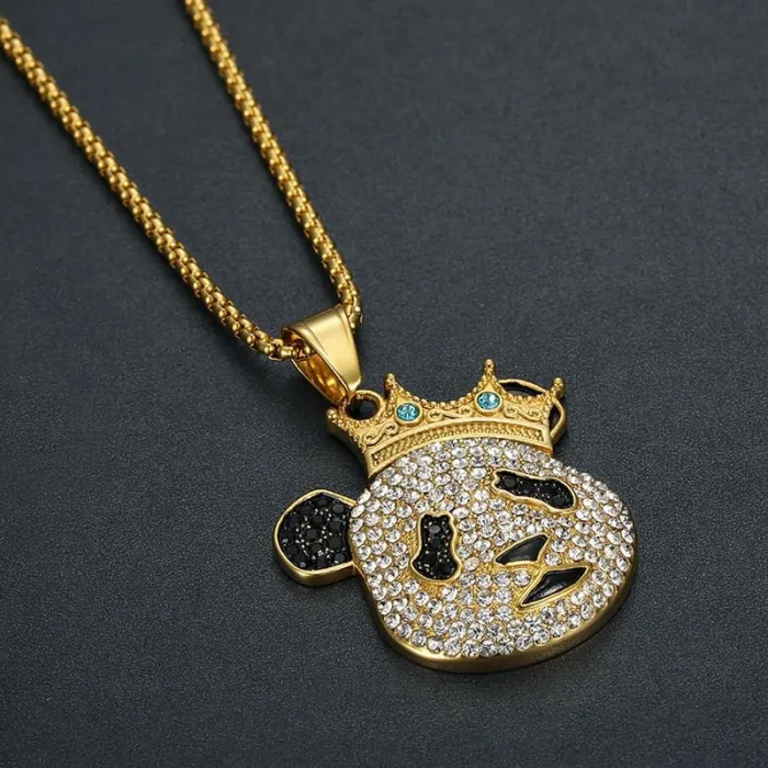 Wholesale Hip Hop Crown Panda Pendant Necklace | Titanium Steel Gold Plated CZ Cartoon Bulk Supplier & Factory Price
