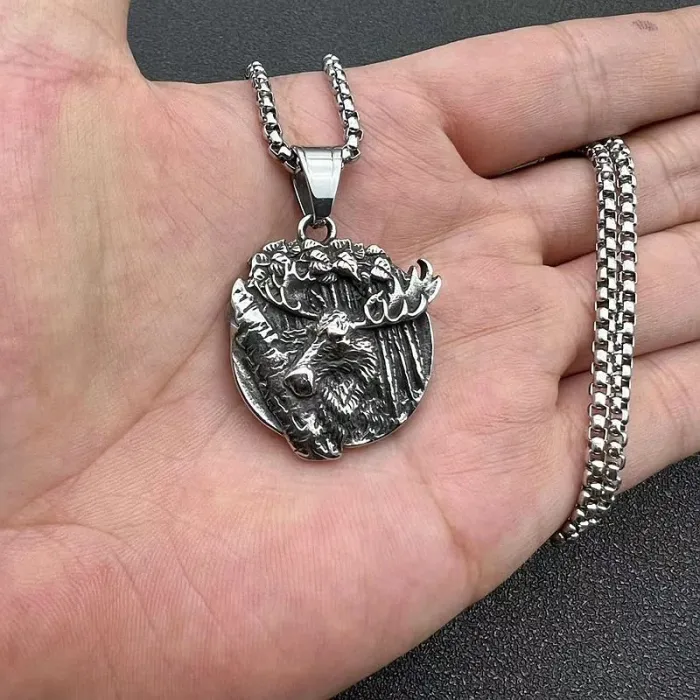 Wholesale Viking Elk Head Pendant Necklace | Vintage Titanium Steel Nordic Odin Bulk Supplier & Factory Price