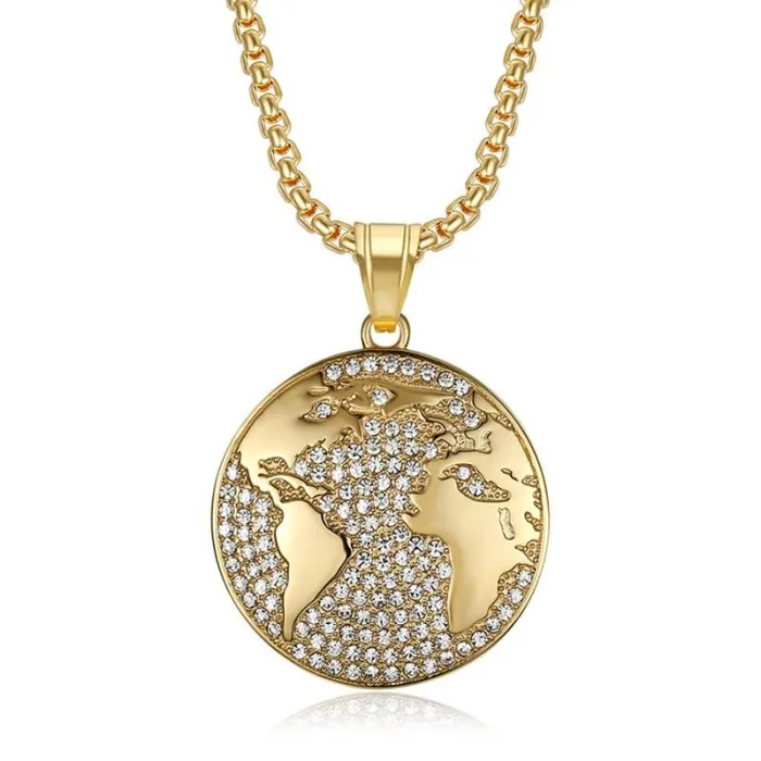 Wholesale Hip Hop World Map Pendant Necklace | Stainless Steel Gold Plated CZ Bulk Supplier & Factory Price
