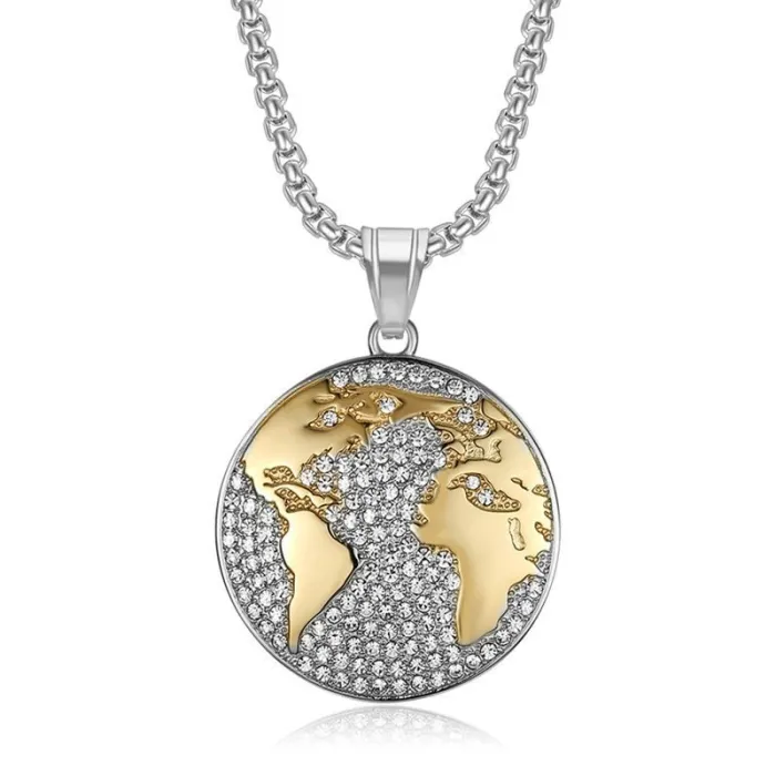 Wholesale Hip Hop World Map Pendant Necklace | Stainless Steel Gold Plated CZ Bulk Supplier & Factory Price