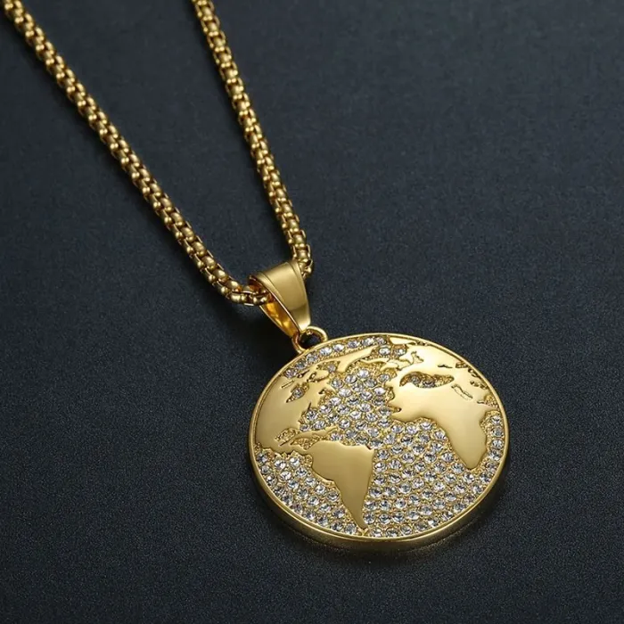 Wholesale Hip Hop World Map Pendant Necklace | Stainless Steel Gold Plated CZ Bulk Supplier & Factory Price