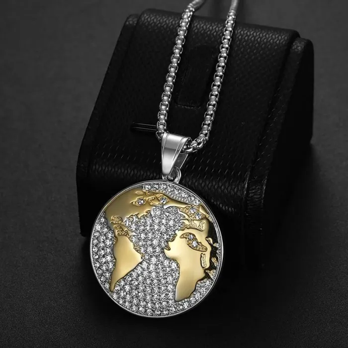 Wholesale Hip Hop World Map Pendant Necklace | Stainless Steel Gold Plated CZ Bulk Supplier & Factory Price