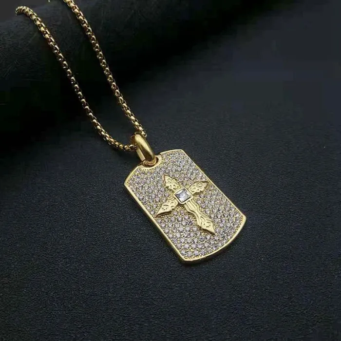 Wholesale Hip Hop Cross Rectangle Pendant Necklace | Stainless Steel Gold Plated CZ Bulk Supplier & Factory Price