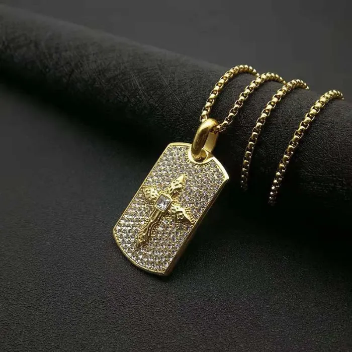 Wholesale Hip Hop Cross Rectangle Pendant Necklace | Stainless Steel Gold Plated CZ Bulk Supplier & Factory Price
