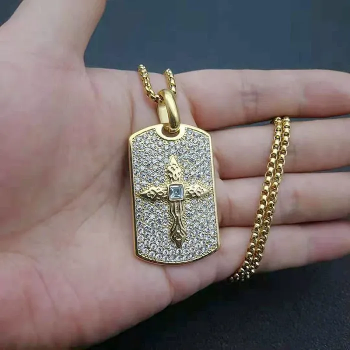 Wholesale Hip Hop Cross Rectangle Pendant Necklace | Stainless Steel Gold Plated CZ Bulk Supplier & Factory Price