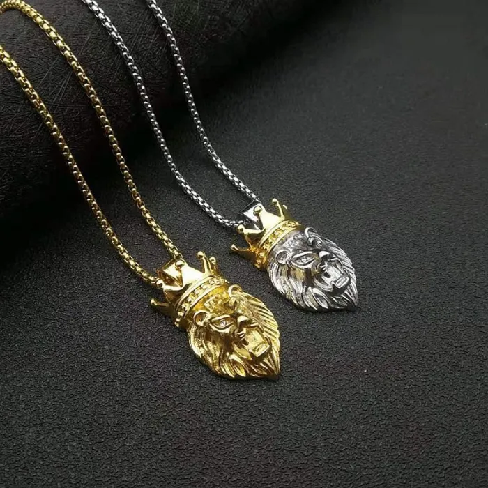 Wholesale Hip Hop Crown Lion Head Pendant Necklace | Stainless Steel Gold Plated CZ Bulk Supplier & Factory Price