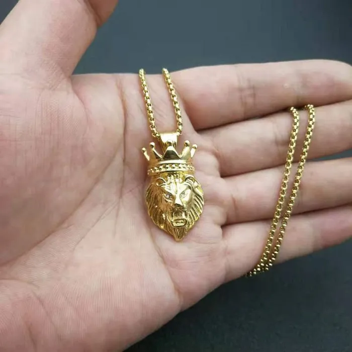 Wholesale Hip Hop Crown Lion Head Pendant Necklace | Stainless Steel Gold Plated CZ Bulk Supplier & Factory Price