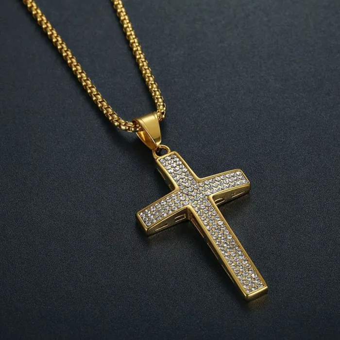 Wholesale Hip Hop Full CZ Cross Pendant Necklace | Titanium Steel Gold Plated Bulk Supplier & Factory Price