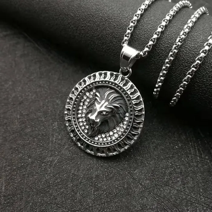 Wholesale Punk Flame Lion Head Pendant Necklace | Stainless Steel Polished CZ Bulk Supplier & Factory Price