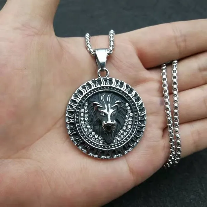 Wholesale Punk Flame Lion Head Pendant Necklace | Stainless Steel Polished CZ Bulk Supplier & Factory Price