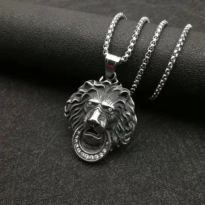 Wholesale Hip Hop Lion Head Pendant Necklace | Stainless Steel Vintage Punk Polished CZ Bulk Supplier & Factory Price
