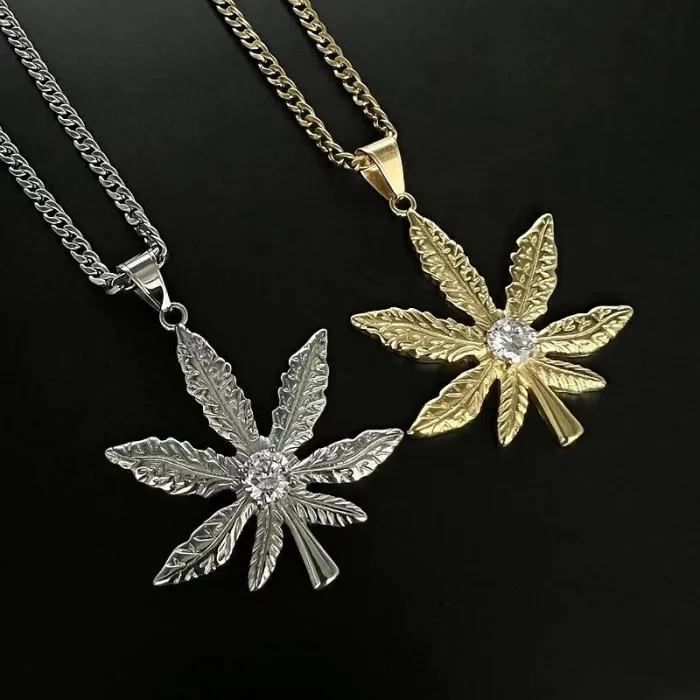 Wholesale Maple Leaf Pendant Necklace | Stainless Steel Gold Plated 9mm CZ Bulk Supplier & Factory Price