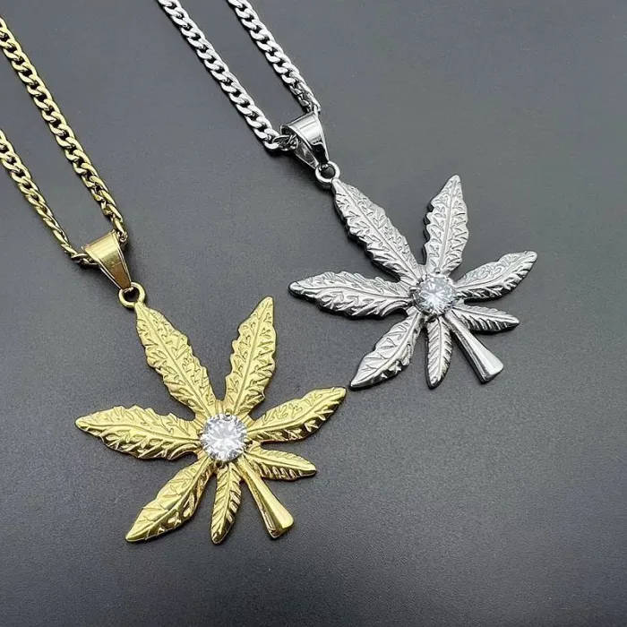 Wholesale Maple Leaf Pendant Necklace | Stainless Steel Gold Plated 9mm CZ Bulk Supplier & Factory Price