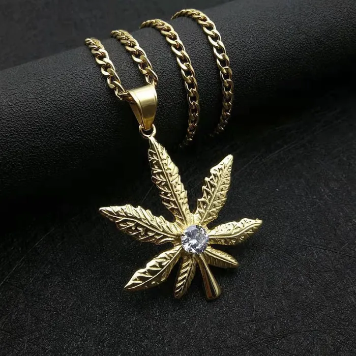 Wholesale Maple Leaf Pendant Necklace | Stainless Steel Gold Plated 9mm CZ Bulk Supplier & Factory Price